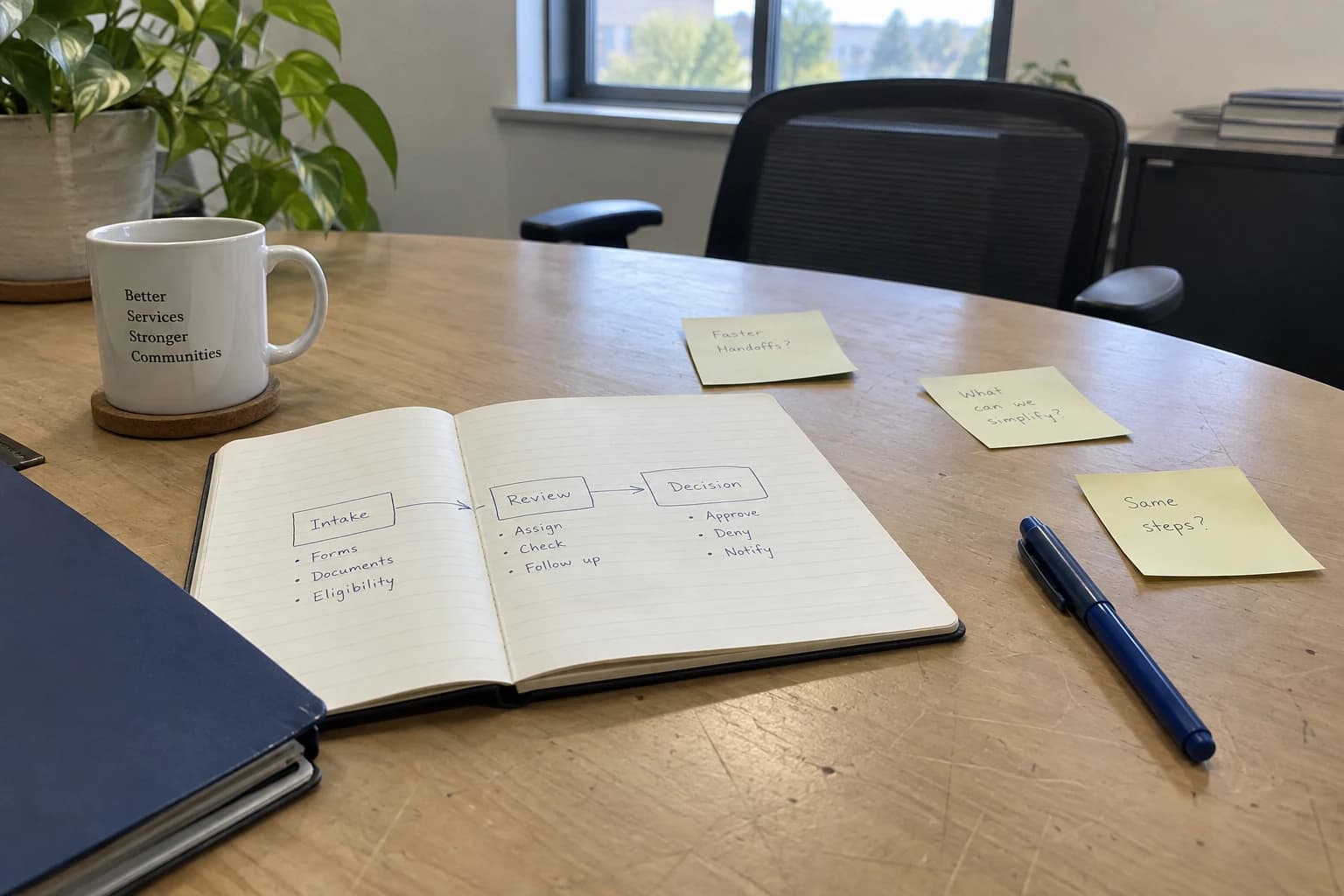 AI-generated editorial illustration of a notebook mapping an intake, review, and decision workflow on an office table.