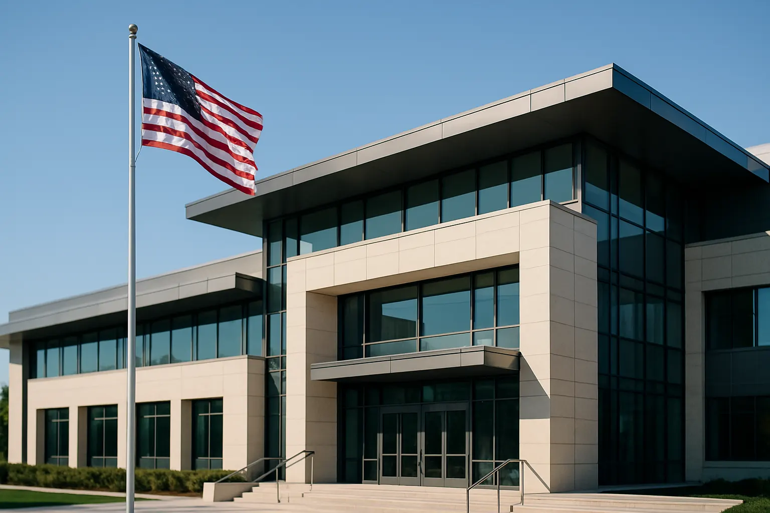 Modern municipal building with accessible digital interface overlay representing government web design