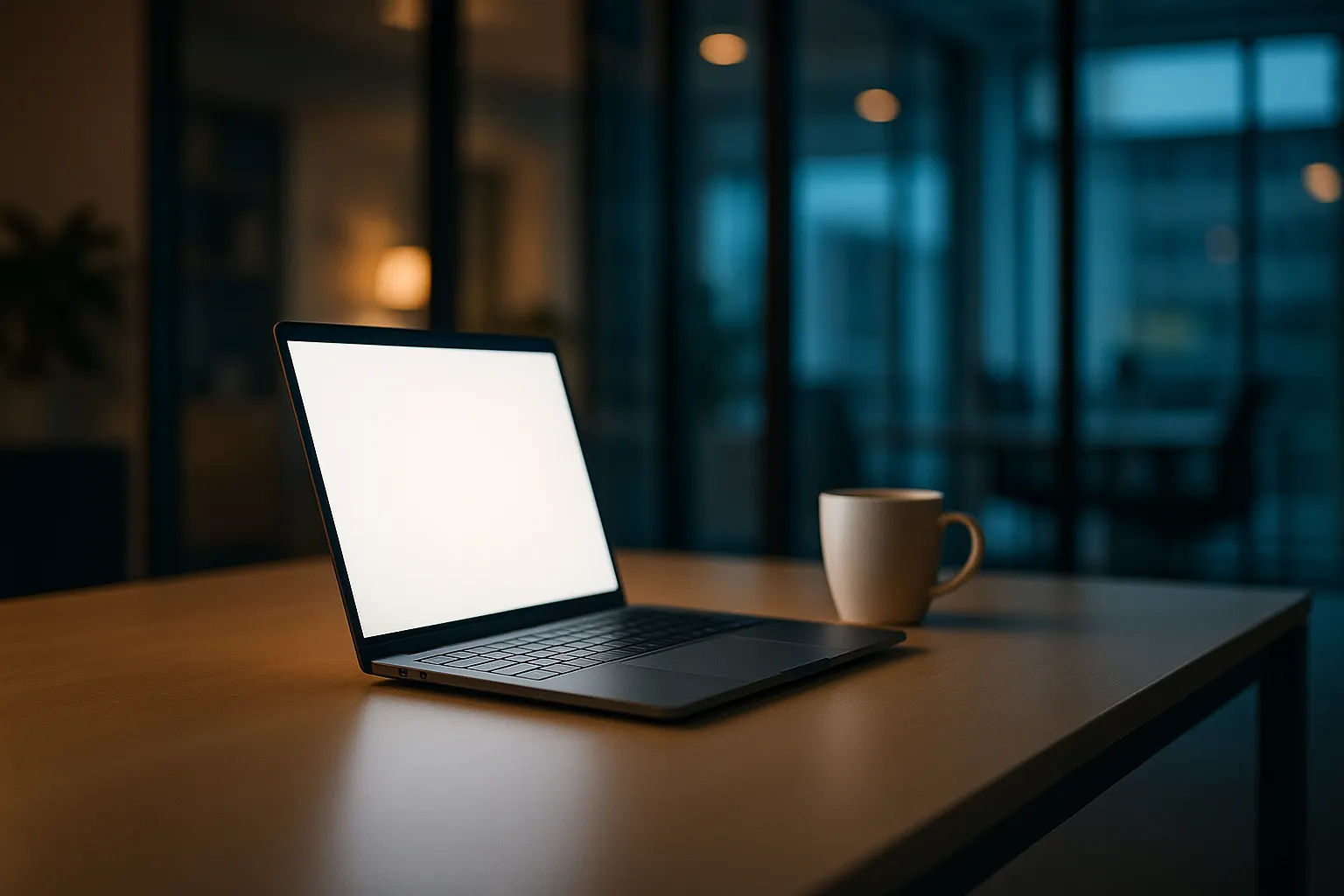 AI chatbot chat bubble glowing on a small business website displayed on a laptop at night