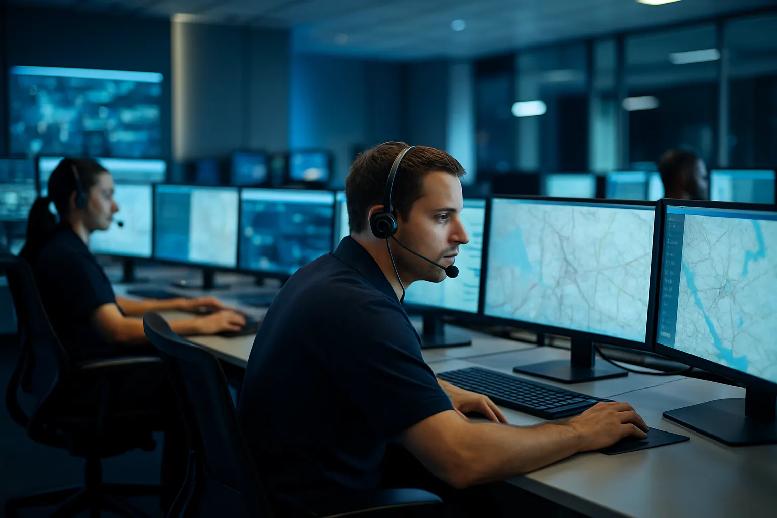 Public safety dispatch center with modern software dashboards on multiple screens